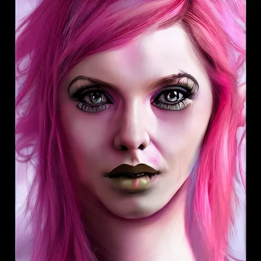 Prompt: a portrait of a steampunk woman with pink hair, digital art, hyperrealistic
