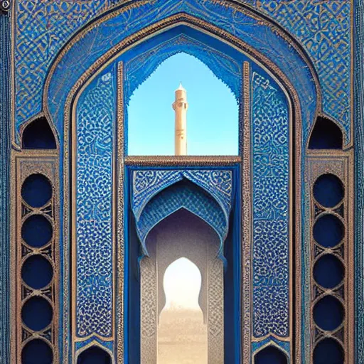 Image similar to art nouveau gate leading into Moroccan Samarkand mosque with Nabatean geometric decorations, science fiction concept art by greg rutkowski and wayne barlowe and alphonse mucha
