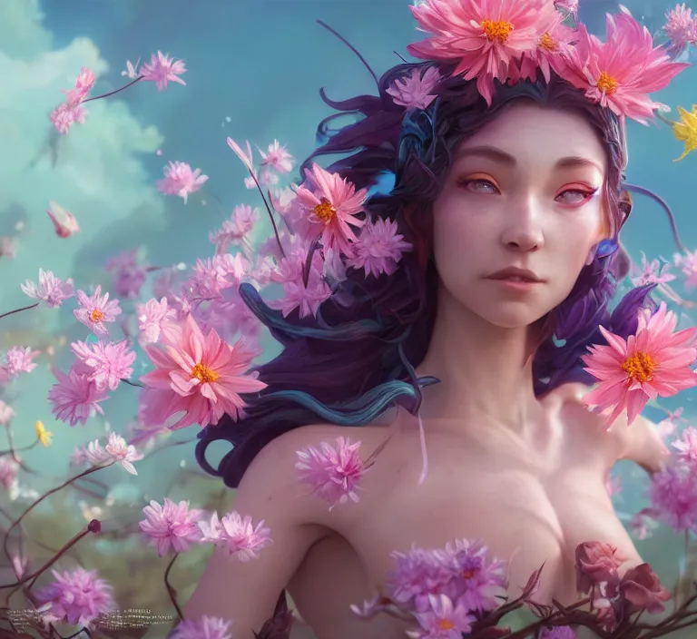 Prompt: ultra realistic, fairy woman, flowers blossoming from her face, vibrant colors, ( ( ( koi colors ) ) ), octane render, jesper ejsing, james jean, justin gerard, tomasz alen kopera, fenghua zhong, makoto shinkai, highly detailed, rim light, cinematic lighting, hyper realism, 8 k