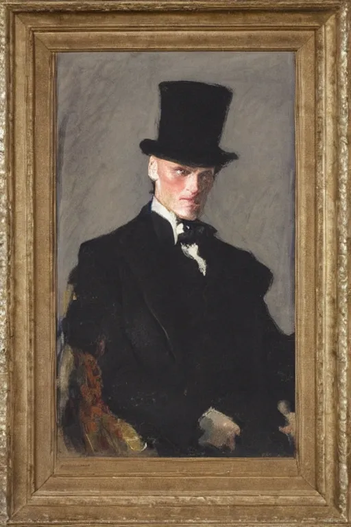 Image similar to portrait of dolph lundgren as a gentleman wearing an edwardian suit and top hat by walter sickert, john singer sargent, and william open