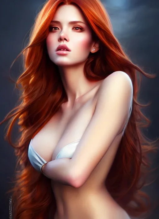 Image similar to a gorgeous female with long auburn hair in the style of stefan kostic, realistic, full body shot, wide angle, sharp focus, 8 k high definition, insanely detailed, intricate, elegant, art by stanley lau and artgerm, floating embers