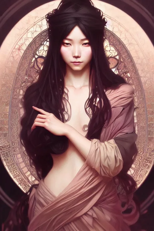 Prompt: asian, dark fantasy, intricate, elegant, highly detailed, digital painting, artstation, concept art, matte, sharp focus, illustration, art by artgerm and alphonse mucha