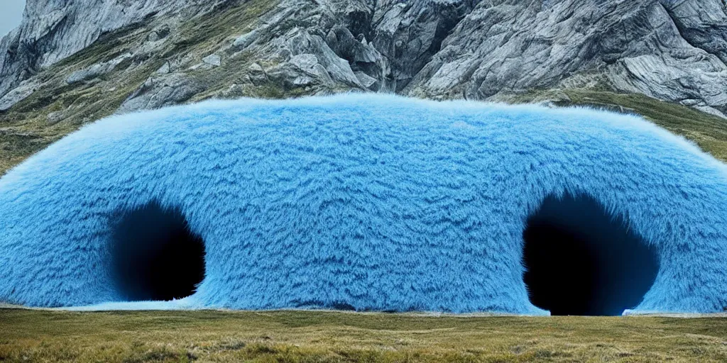 Image similar to a strange huge translucent pvc inflated organic architecture building with blue fluffy fur inside by anish kapoor sits in the rock mountains, film still from the movie directed by denis villeneuve with art direction by zdzisław beksinski, close up, telephoto lens, shallow depth of field