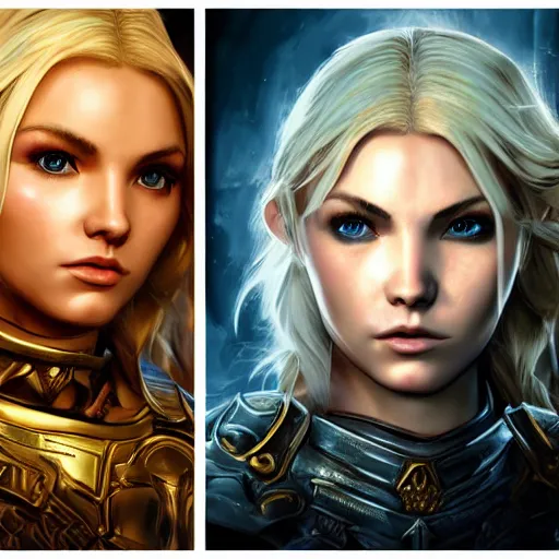 Image similar to front centered symmetrical RPG avatar portrait, Elisha Cuthbert as a paladin, blonde hair, ornate armour, dramatic lighting, cinematic, establishing shot, high detail, photo realistic, cinematic lighting, post processed, 8k, concept art, artstation, matte painting, in the style of eddie mendoza, raphael lacoste, alex ross