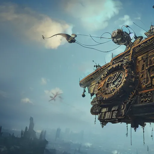 Prompt: a flying steampunk fortress, intricate, behrens style, octane render, fantasy digital art, beautiful composition, trending on artstation