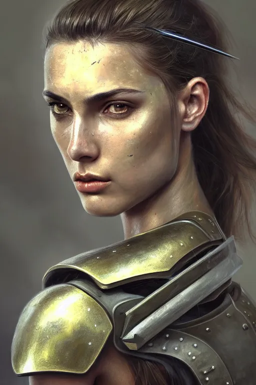 Image similar to a photorealistic painted portrait of an attractive young girl, partially clothed in dull metal-plated battle armor, olive skin, long dark hair, beautiful bone structure, symmetric facial features, perfect photorealistic eyes, natural physique, intricate, elegant, digital painting, concept art, finely detailed, beautifully illustrated, sharp focus, minimal artifacts, from Metal Gear, by Ruan Jia and Mandy Jurgens and Artgerm and William-Adolphe Bouguerea, in the style of Greg Rutkowski, trending on Artstation, award winning