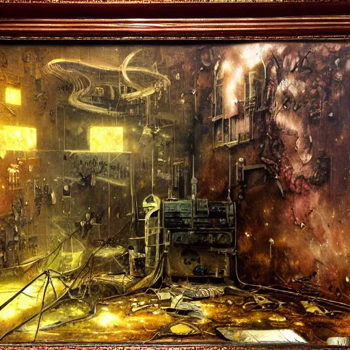 Image similar to hazmat surrealist wandering, jpeg artefacts on canvas, by seb mckinnon and james gurney and greg rutkowski, highly detailed, hdr