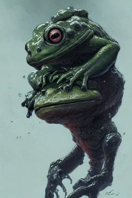 Image similar to a fancy portrait of a monstrous frog by Greg Rutkowski, Sung Choi, Mitchell Mohrhauser, Maciej Kuciara, Johnson Ting, Maxim Verehin, Peter Konig, Bloodborne , 8k photorealistic, cinematic lighting, HD, high details, atmospheric , trending on artstation