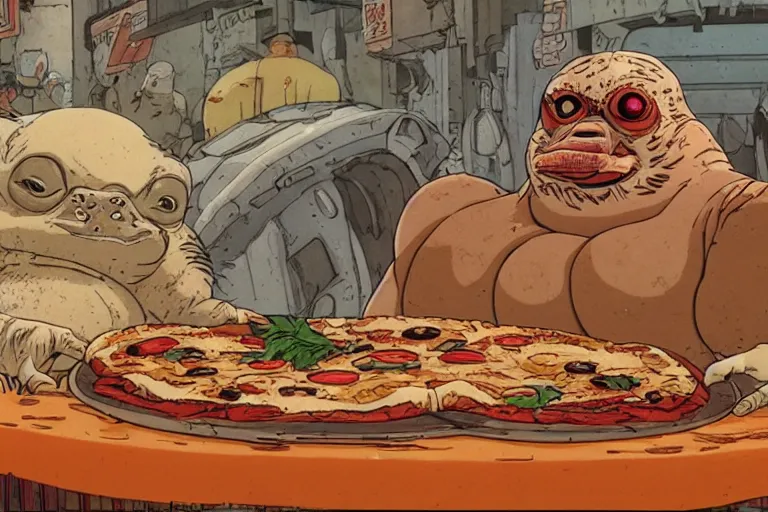 Image similar to a film still of pizza the hut in the akira, high quality