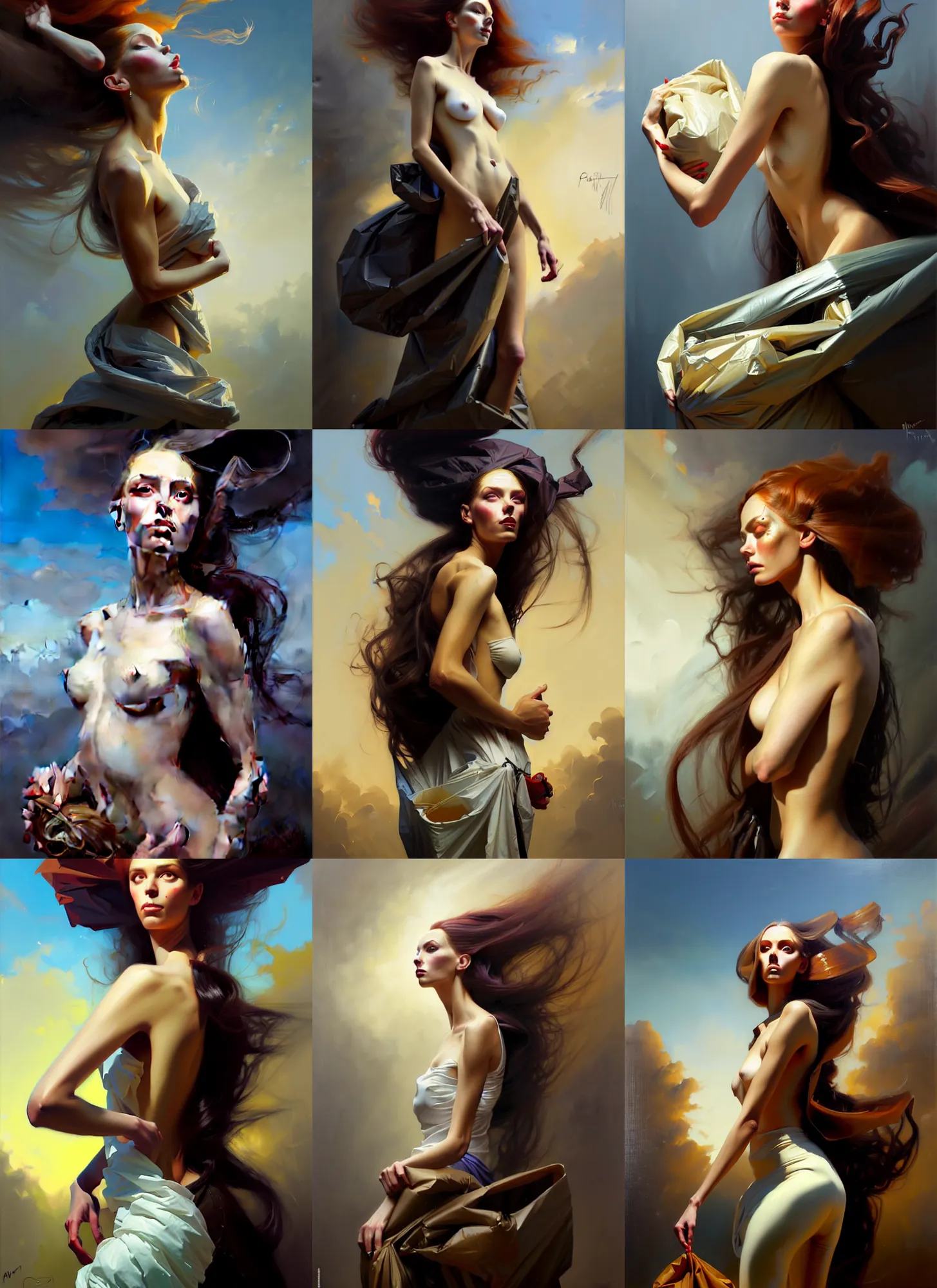 Image similar to fine art portrait oil painting of a beautiful woman with long hair wearing a garbage bag for clothes, perspective, ultra detailed, elegant, intricate, dynamic lighting, hyperrealism, sharp focus, art by peter mohrbacher and greg manchess and andrei riabovitchev