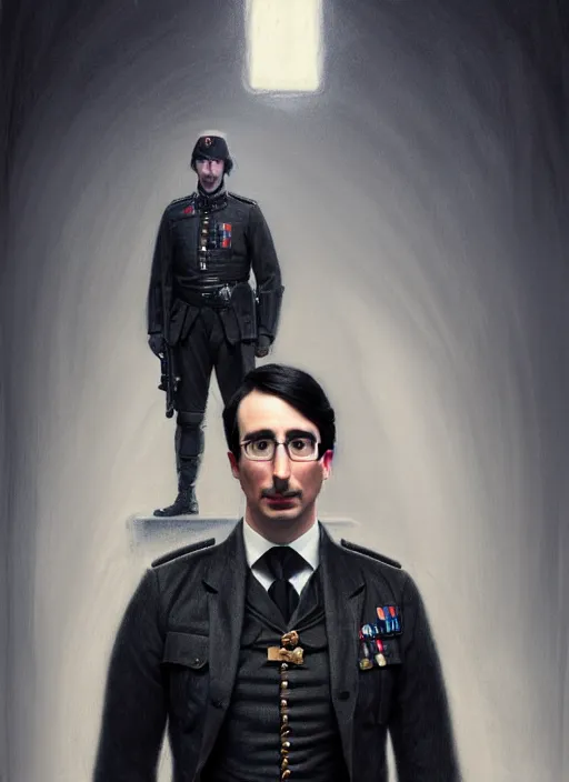 Image similar to a portrait of john oliver standing next to adam driver, stoic, full body, military uniform, fantasy, intricate, elegant, beautiful, highly detailed, charcoal, centered, dark, smokey, digital painting, artstation, concept art, smooth, sharp focus, illustration, art by artgerm and greg rutkowski and alphonse mucha