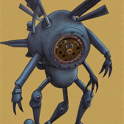 Prompt: clockwork digimon yugioh creature by shaun tan, style of john kenn mortensen