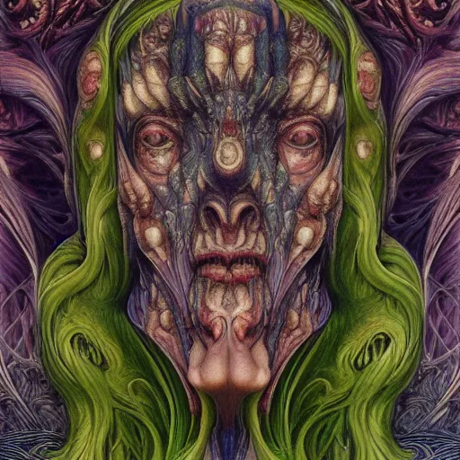 Image similar to detailed colorful realistic beautiful devil vampire face portrait by jean delville, gustave dore, iris van herpen and marco mazzoni, art forms of nature by ernst haeckel, art nouveau, symbolist, visionary, gothic, neo - gothic, pre - raphaelite, intricate alien botanicals, ai biodiversity, surreality, hyperdetailed ultrasharp octane render