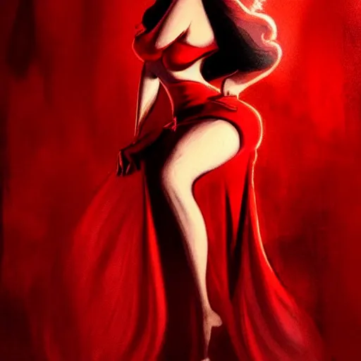 Prompt: photography beautiful flawless jessica rabbit in her red dress by greg rutkowski and raymond swanland, femme fetal, darkroom, dramatic high contrast lighting like sin city