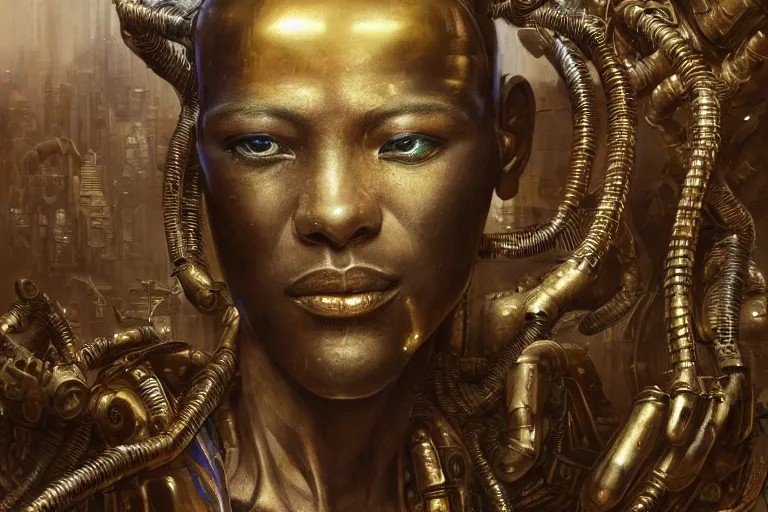 Image similar to A neofuturistic very highly detailed cyborg god with very highly detailed face in the African ghetto bar in a very highly detailed solarpunk sci-fi city digital rational painting art by Greg Rutkowski, sci-fi highly detailed, digital concept art, Dimensional cyan gold natural light, sharp focus, Golden Ratio illustration, realistic concept art by Stephen Hickman and James Gurney and Hiromasa Ogura Ghost in the Shell rendered in Octane Render, From the distance