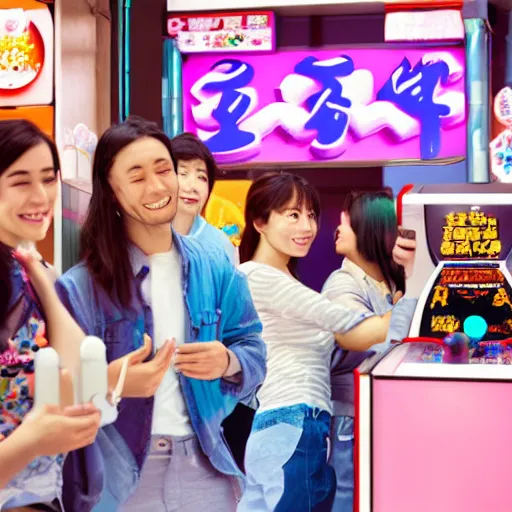 Image similar to a bunch of people at a japanese arcade pastel colors