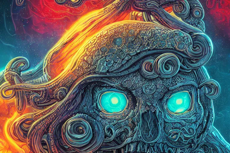 Prompt: a giant skull with intricate rune carvings and glowing eyes with lovecraftian tentacles emerging from a space nebula by dan mumford, smoke trails, digital art, photorealistic, vivid colors, highly detailed, intricate