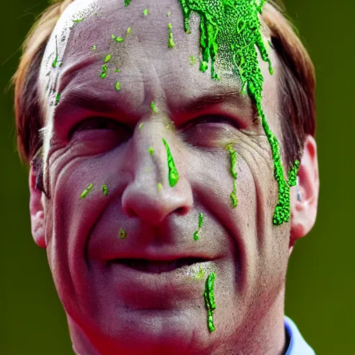 Image similar to Saul Goodman!, covered in slime!!, ((at the Kid Choice Awards)) , face close-up, award winning photography