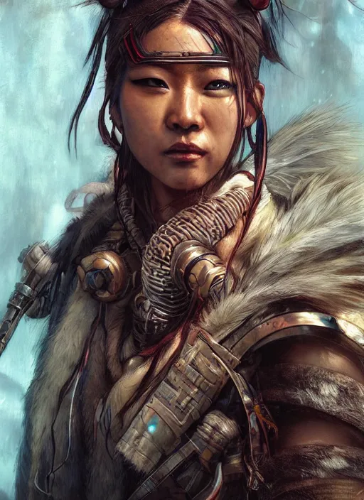 Image similar to hyper realistic photography portrait of postapocalyptic cyberpunk asian cyborg tribal warrior amazon cinematic, brom, mucha, moebius juan gimenez artstation, cgsociety