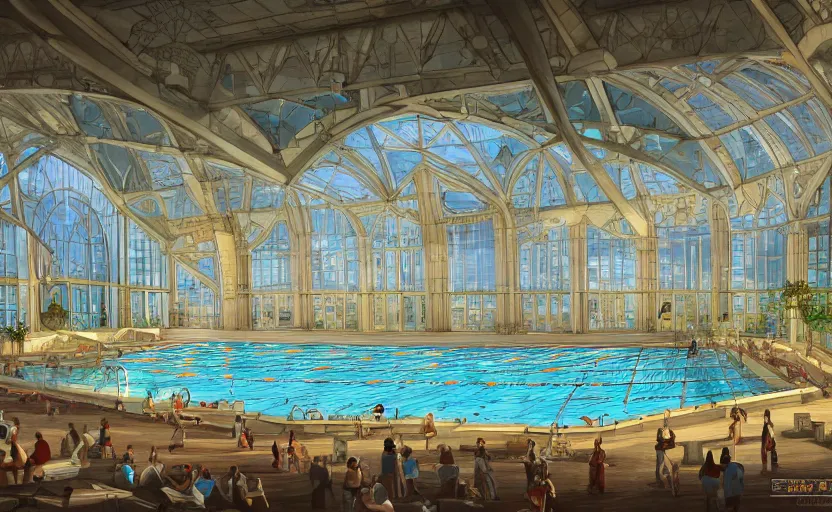 Prompt: huge olympic swimming pool with bay window, architecture, highly detailed, digital painting, artstation, concept art, sharp focus, illustration, art nouveau