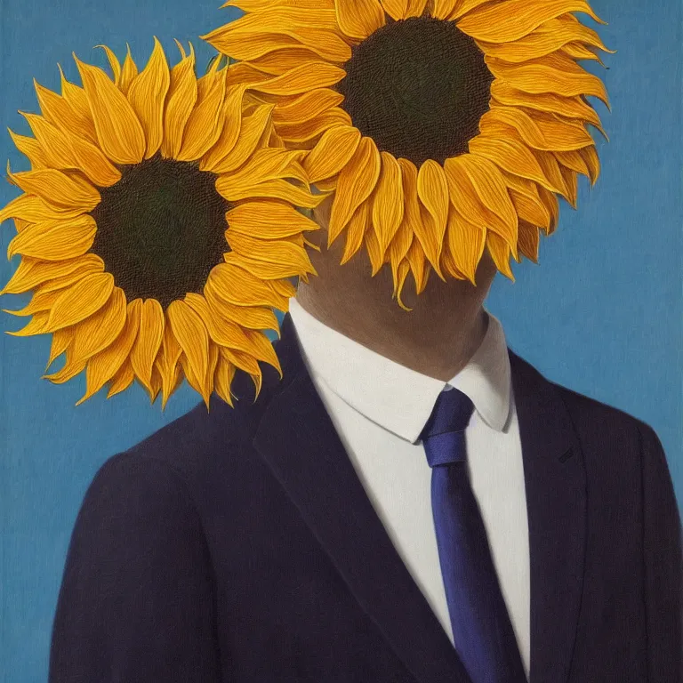 Image similar to portrait of a faceless sunflower - head man in a suit by rene magritte, detailed painting, distance, centered, hd, hq, high resolution, high detail, 4 k, 8 k