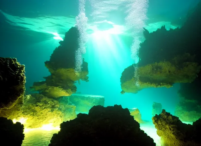 Image similar to atlantis, an amazing underwater city glowing with light below turbulent waters above