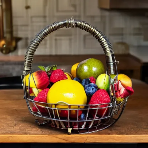 Prompt: a fruit basket on top of a kitchen table, steampunk