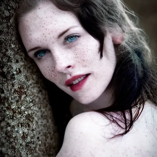 Prompt: Beautiful Scottish dark haired woman, pale skin, freckles, coy, anima