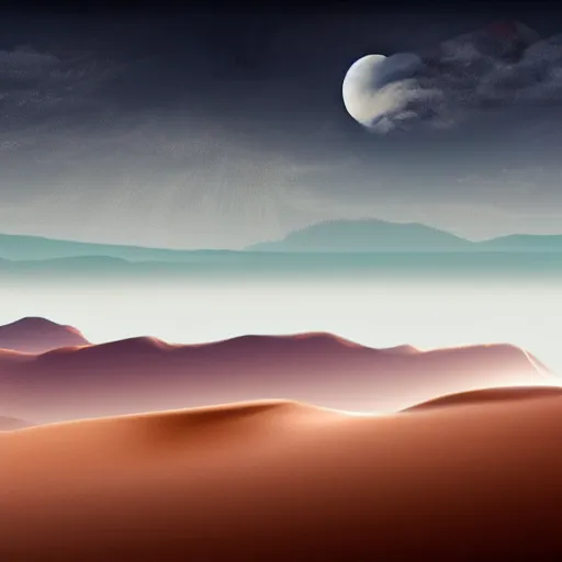 Image similar to matte painting oil impresionist mountainrange desert few clouds moonlight