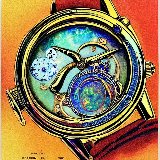 Prompt: detailed illustration of celestial watch from the far future with infinite dials, mother of pearl opal, year 2 5 0 0, style of norman rockwell