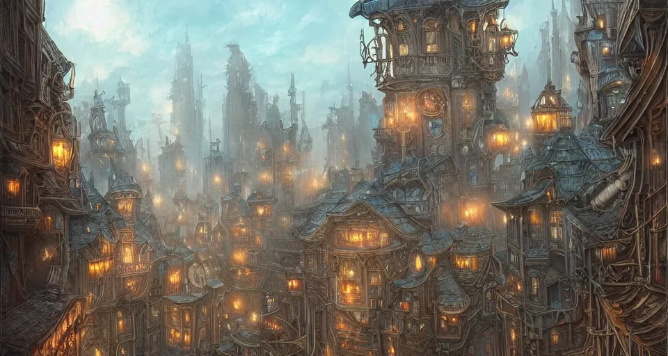 Prompt: landscape painting of fantasy metal steampunk city that has a light blue glow with walkways and lit windows and you can very clearly see a fine detailed hooded thief in browns leathers climbing one of the tall buildings using a rope, fine details, magali villeneuve, artgerm, rutkowski