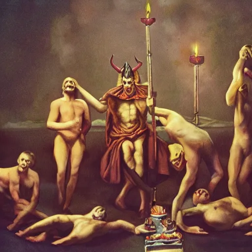 Prompt: Satan and his followers doing a ritual, photograph, vintage picture, 4k photorealistic, HD, high details,longshot, dramatic