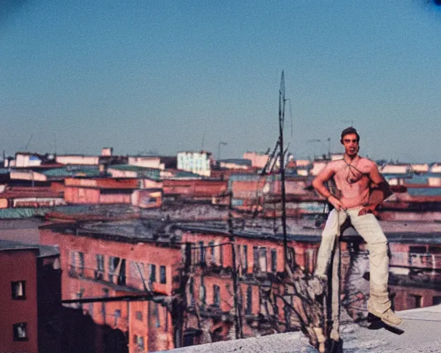 Image similar to lomo photo of man standing on the roof of soviet hrushevka, small town, cinestill, bokeh, out of focus