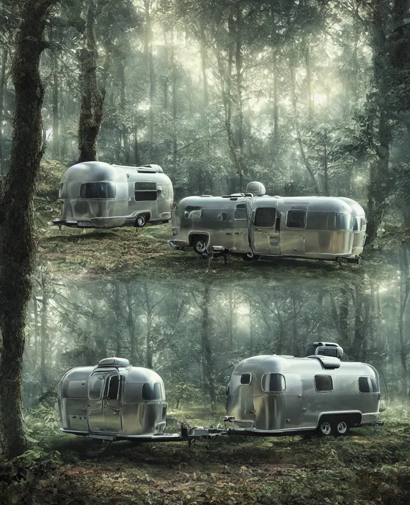 Image similar to image of a sylish vintage airstream camper in magical forest, photorealistic, digital painting, artstation, intricate artwork by Tooth Wu and wlop and beeple. octane render, trending on artstation, greg rutkowski very coherent symmetrical artwork. cinematic, hyper realism, high detail, octane render, 8k