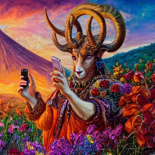 Image similar to painting by senior concept artist josephine wall, horned ram goddess checking her cell phone, erupting volcano and sunset in distance in background, flowers in foreground, fantasy, acrylic on canvas, intricately detailed, highly detailed, high resolution, hdr, 8 k, trending on artstation