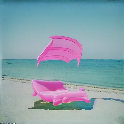 Image similar to a pastel colour high fidelity wide angle Polaroid art photo from a holiday album at a seaside of a large pink ship with abstract inflatable parachute furniture, all objects made of transparent iridescent Perspex and metallic silver, a grid of sun beds iridescence, nostalgic