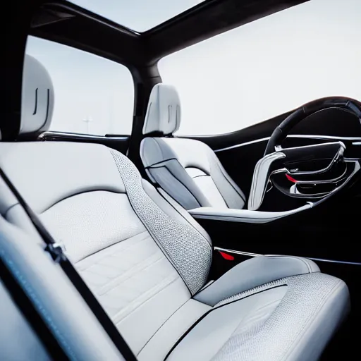 Image similar to cinematic photoshoot of clean modern hand crafted super futuristic tech luxury car interior pro display xpr luxury smooth color metal white silver with black leather padding well design ultrareallistic detailed high quality 8 k photorealistic ultra realistic