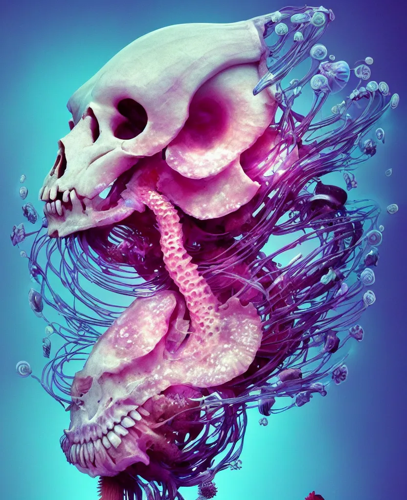 Image similar to goddess close-up portrait ram skull, thorax, x-ray, backbone, jellyfish phoenix head, nautilus, orchid, skull, betta fish, bioluminiscent creatures, intricate artwork by Tooth Wu and wlop and beeple. octane render, trending on artstation, greg rutkowski very coherent symmetrical artwork. cinematic, hyper realism, high detail, octane render, 8k