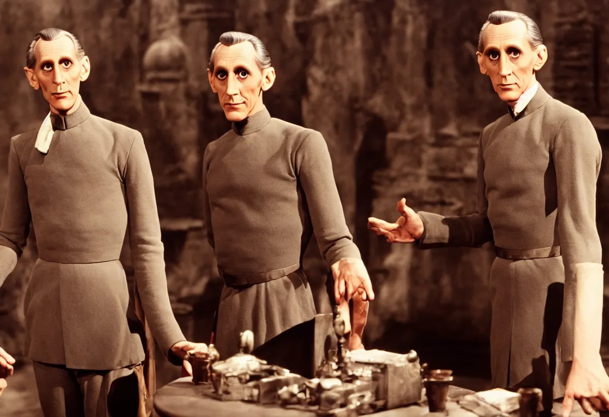 Image similar to still from the Disney plus show Tarkin! A show full of theatrical intrigue and whimsy, based around governor Tarkin’s pre-Empire life as a fading theatre star on Alderraan’s Broadway in the 1960s Technicolor