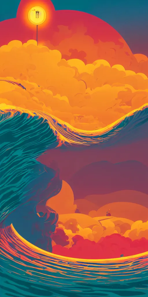 Prompt: cursed multicolored waves with sunset in background, tom whalen, james gilleard, liam brazier, tristan eaton