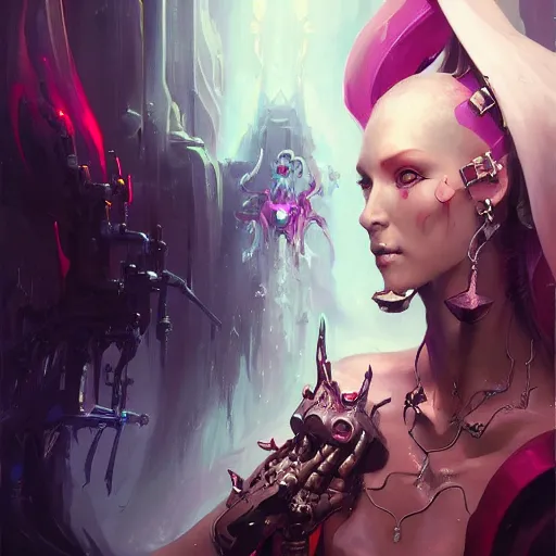 Image similar to a portrait of a beautiful demonic cybernetic grand duchess of hell, cyberpunk concept art by pete mohrbacher and wlop and artgerm and josan gonzales, digital art, highly detailed, intricate, sci-fi, sharp focus, Trending on Artstation HQ, deviantart, unreal engine 5, 4K UHD image