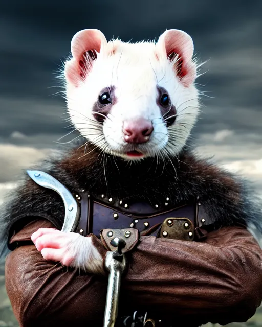 Image similar to ferret warrior, furry, fantasy, viking, high detailed, photography, cloudy, lightweight leather armour, scandinavia, plain, detailed face, look into the distance, serious face, full body, in helmet, in full growth, professional photographer, masterpiece, 5 0 mm, extremely detailed, digital art 8 k