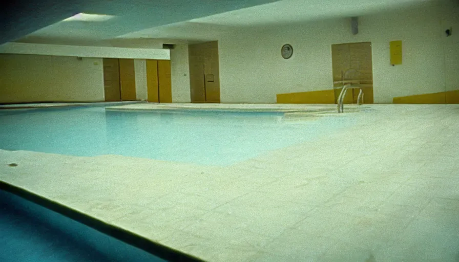 Prompt: 1 9 6 0 s movie still of an empty light yellow tiles swimmingpool, low quality, liminal space style