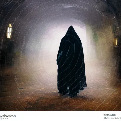 Image similar to ominous bedsheet ghost walking through the center of old london city, oil painting, gloomy misty atmosphere, symmetrical, full body image, highly ornate intricate details, very sharp photo,