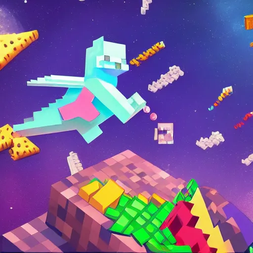 Image similar to highly detailed concept art in the minecraft universe of a happy little pink dolphin flying through space eating pizza and cheese, where the planets are candy, hd, trending on artstation