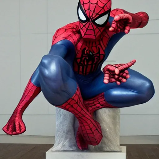 Prompt: spiderman greek marble statue, spiderman pose, marble statue, art gallery, white, statue, highly detailed