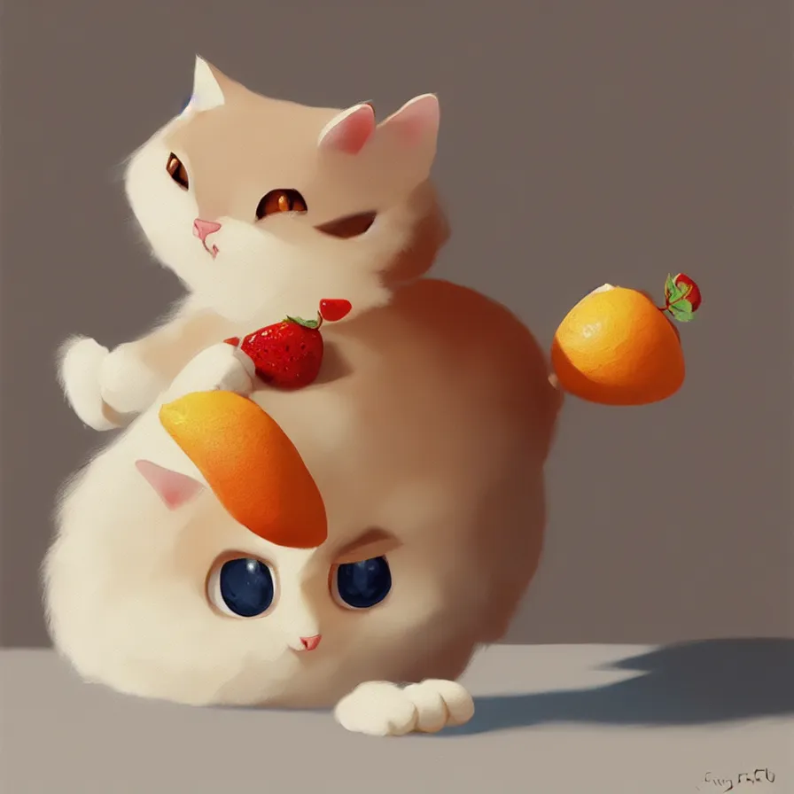 Image similar to Goro Fujita ilustration a very pretty baby cat, with fluffy white fur on top of fresh fruit, painting by Goro Fujita, sharp focus, highly detailed, ArtStation