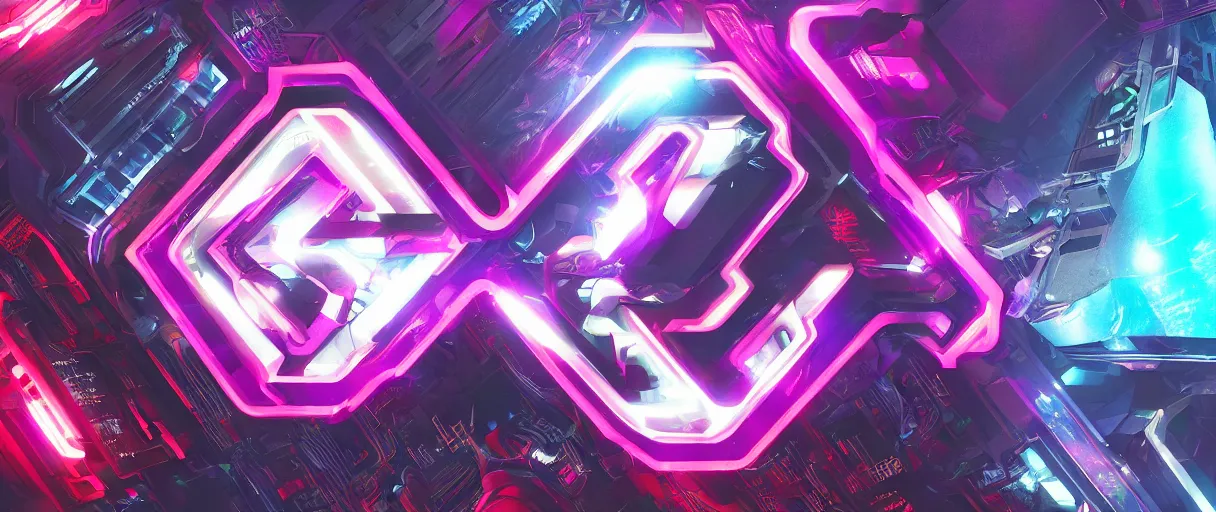 Image similar to cyberpunk holographic logo, futuristic, in the style of Pixar animation, low angle view, 16mm lens, award winning, hyper detailed, dramatic lighting, artstation, octane renderer, unreal engine