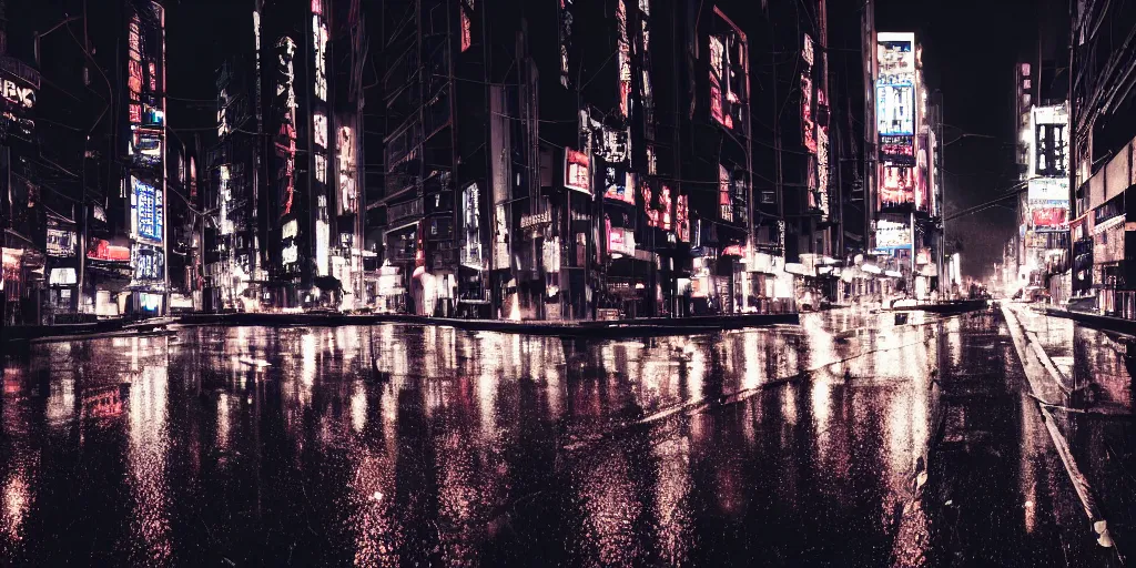 Image similar to a city street at night, raining, photograph, cyberpunk, sharp focus, intricate detail, Desolate, drone shot, high resolution, 8k, neon streetlights, wires hanging down everywhere