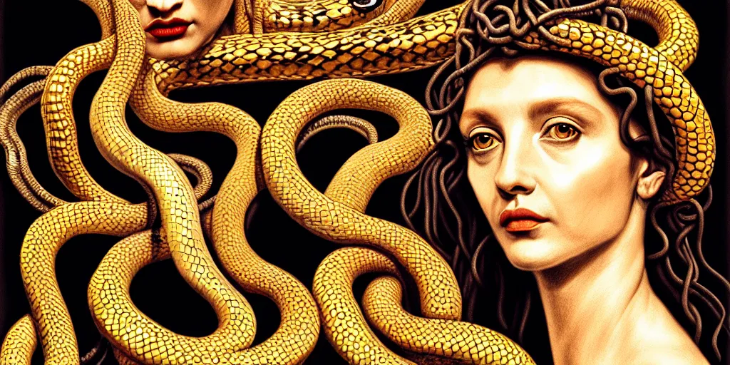 Image similar to realistic portrait of medusa with her snakes, golden, delicate, hyper realism, 1 4 5 0, ink, ultra realistic, 8 k